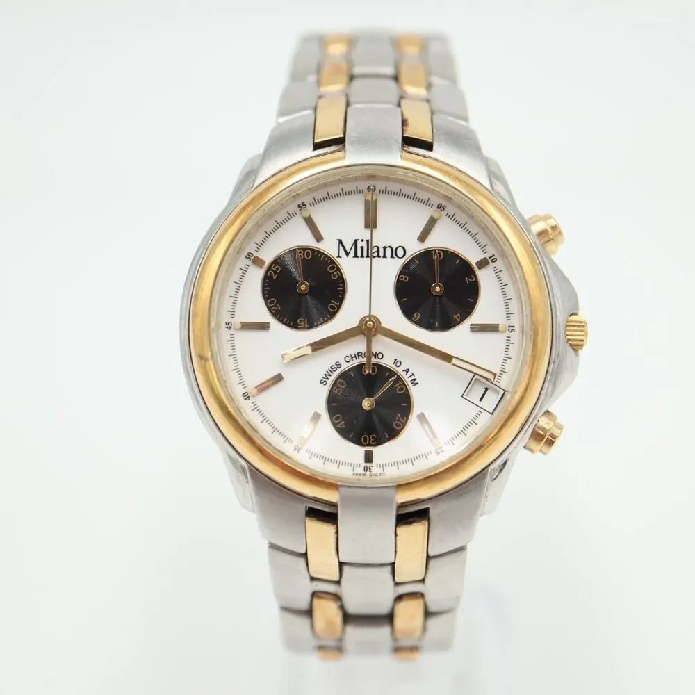 Milano Swiss Chrono Mens Watch 38mm Panda 3-Eye Dial Stainless Steel New Battery